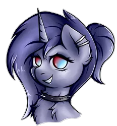 Size: 2329x2505 | Tagged: safe, artist:coco-drillo, derpibooru import, oc, oc:singularity, unofficial characters only, pony, unicorn, bust, chest fluff, choker, collar, ear fluff, ear piercing, earring, evil grin, grin, image, jewelry, makeup, mascot, piercing, png, ponytail, simple background, smiling, solo, spiked choker, spiked collar, transparent background