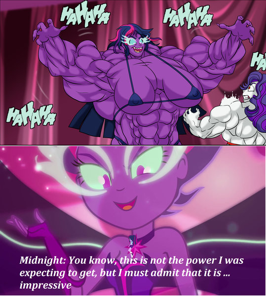 Size: 1924x2140 | Tagged: suggestive, artist:atariboy2600, artist:bluecarnationstudios, derpibooru import, edit, edited screencap, screencap, rarity, sci-twi, twilight sparkle, comic:the amazonian effect, comic:the amazonian effect iii, equestria girls, legend of everfree, bra, breasts, buff breasts, clothes, female, flexing muscles, image, laughing, midnight muscle, midnight sparkle, muscles, muscular female, overdeveloped muscles, png, ripped rarity, text, underwear, wings