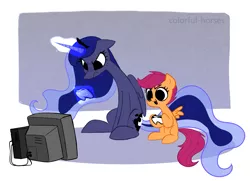 Size: 1991x1444 | Tagged: safe, artist:syrupyyy, derpibooru import, princess luna, scootaloo, alicorn, pegasus, pony, gamer luna, controller, cute, cutealoo, duo, female, filly, glowing horn, hoof hold, horn, image, levitation, luna is not amused, lunabetes, magic, mare, open mouth, png, sitting, telekinesis, television, unamused