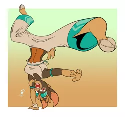 Size: 1967x1852 | Tagged: safe, artist:duragan, derpibooru import, anthro, goat, them's fightin' herds, capoeira, community related, dancing, facial hair, female, goatee, handstand, hooves, hooves up, image, kick, kicking, midriff, pirate, png, pose, shanty (tfh), upside down