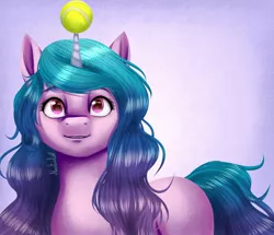 Size: 1616x1387 | Tagged: safe, artist:neutral-soul, derpibooru import, izzy moonbow, pony, unicorn, ball, cute, female, g5, horn, horn guard, horn impalement, hornball, image, izzy's tennis ball, izzybetes, jpeg, looking at you, mare, solo, tennis ball