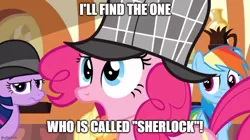 Size: 888x499 | Tagged: safe, artist:mlpfan3991, derpibooru import, screencap, pinkie pie, rainbow dash, twilight sparkle, pony, mmmystery on the friendship express, deerstalker, detective, hat, image, jpeg, meme, sherlock, sherlock holmes