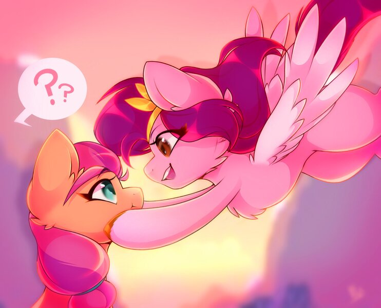 Size: 2048x1656 | Tagged: safe, artist:darkmaxxie, derpibooru import, pipp, sunny starscout, earth pony, pegasus, pony, braid, cheek fluff, chest fluff, duo, ear fluff, female, g5, image, jpeg, looking at each other, mare, open mouth, question mark, spread wings, unshorn fetlocks, wings