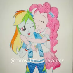 Size: 993x993 | Tagged: safe, artist:mmy_little_drawings, derpibooru import, pinkie pie, rainbow dash, equestria girls, bow, clothes, cutie mark, cutie mark on clothes, eyes closed, female, grin, hair bow, hug, image, jacket, jpeg, lesbian, one eye closed, open mouth, pants, pinkiedash, shipping, skirt, smiling, traditional art, watermark, wink