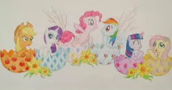 Size: 1080x565 | Tagged: safe, artist:mmy_little_drawings, derpibooru import, applejack, fluttershy, pinkie pie, rainbow dash, rarity, twilight sparkle, twilight sparkle (alicorn), alicorn, earth pony, pegasus, pony, unicorn, easter egg, eyelashes, eyes closed, female, glowing horn, hat, horn, image, jpeg, magic, mane six, mare, smiling, telekinesis, traditional art, watermark