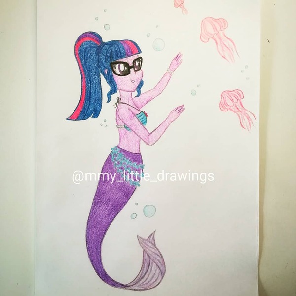 Size: 1080x1080 | Tagged: safe, artist:mmy_little_drawings, derpibooru import, sci-twi, twilight sparkle, jellyfish, mermaid, equestria girls, bikini, bikini top, bubble, clothes, female, glasses, image, jpeg, solo, species swap, swimsuit, traditional art, underwater, watermark