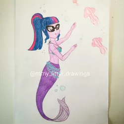 Size: 1080x1080 | Tagged: safe, artist:mmy_little_drawings, derpibooru import, sci-twi, twilight sparkle, jellyfish, mermaid, equestria girls, bikini, bikini top, bubble, clothes, female, glasses, image, jpeg, solo, species swap, swimsuit, traditional art, underwater, watermark