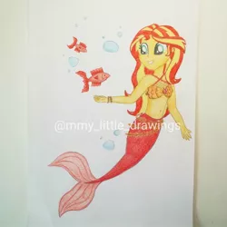 Size: 1080x1080 | Tagged: safe, artist:mmy_little_drawings, derpibooru import, sunset shimmer, fish, mermaid, equestria girls, bikini, bikini top, bubble, clothes, eyelashes, female, grin, image, jpeg, smiling, solo, species swap, swimsuit, traditional art, underwater, watermark