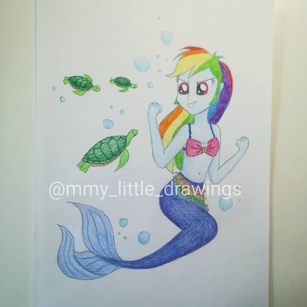 Size: 1080x1080 | Tagged: safe, artist:mmy_little_drawings, derpibooru import, rainbow dash, mermaid, equestria girls, bikini, bikini top, bubble, clothes, eyelashes, female, grin, image, jpeg, mermaid dash, sea turtle, smiling, solo, species swap, swimsuit, traditional art, underwater, watermark