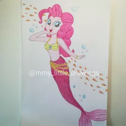 Size: 1080x1080 | Tagged: safe, artist:mmy_little_drawings, derpibooru import, pinkie pie, fish, mermaid, equestria girls, :d, bikini, bikini top, bubble, clothes, eyelashes, female, image, jpeg, open mouth, smiling, solo, species swap, swimsuit, traditional art, underwater, watermark