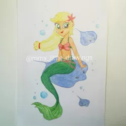 Size: 1049x1049 | Tagged: safe, artist:mmy_little_drawings, derpibooru import, applejack, mermaid, starfish, equestria girls, :d, bikini, bikini top, bubble, clothes, eyelashes, female, freckles, image, jpeg, manta ray, open mouth, sitting, smiling, solo, species swap, swimsuit, traditional art, underwater, watermark