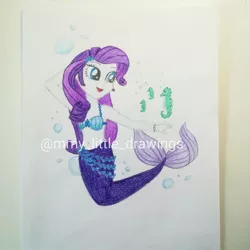 Size: 1080x1080 | Tagged: safe, artist:mmy_little_drawings, derpibooru import, rarity, mermaid, seahorse, equestria girls, :d, bikini, bikini top, bubble, clothes, eyelashes, female, image, jpeg, open mouth, smiling, solo, species swap, swimsuit, traditional art, underwater, watermark