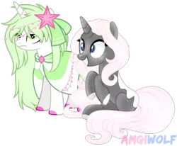 Size: 1548x1278 | Tagged: safe, artist:amgiwolf, derpibooru import, oc, unofficial characters only, pony, unicorn, clothes, colored hooves, dress, duo, eyelashes, female, grin, horn, image, mare, png, simple background, smiling, tired, transparent background, unicorn oc