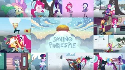 Size: 1280x721 | Tagged: safe, derpibooru import, edit, edited screencap, editor:quoterific, screencap, apple bloom, applejack, bon bon, flash sentry, fluttershy, lyra heartstrings, maud pie, pinkie pie, rainbow dash, rarity, sci-twi, sunset shimmer, sweetie drops, trixie, twilight sparkle, winona, dog, equestria girls, equestria girls series, holidays unwrapped, spoiler:eqg series (season 2), clothes, cold, crossed arms, cutie mark, cutie mark on clothes, eyes closed, female, food, fork, geode of empathy, glasses, hat, image, jacket, jewelry, leather, leather jacket, magical geodes, male, necklace, nose in the air, open mouth, png, saving pinkie's pie, snow, snowball, snowball fight, souffle, sweater, tree