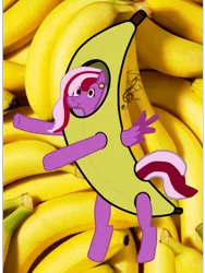 Size: 1717x2289 | Tagged: safe, artist:djmatinext, derpibooru import, oc, oc:lavender sound, unofficial characters only, pegasus, pony, 1000 hours in ms paint, anatomically incorrect, banana, banana suit, bipedal, dancing, ear piercing, earring, female, food, image, jewelry, learning to draw, looking at you, photo, piercing, png, purple, red eyes, smiling, smiling at you, standing, wings