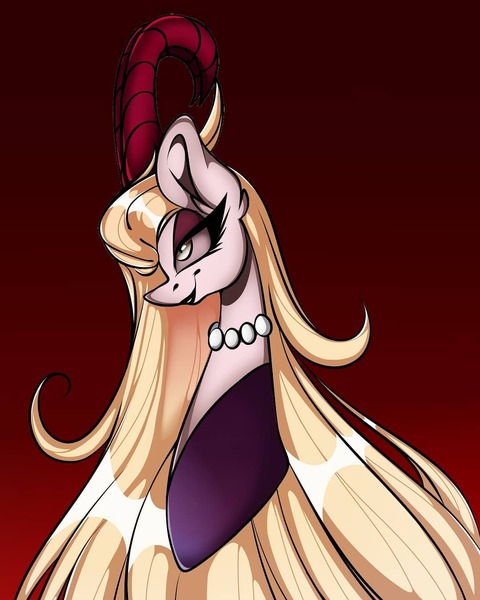 Size: 1080x1350 | Tagged: safe, alternate version, artist:tessa_key_, derpibooru import, ponified, pony, bedroom eyes, bust, clothes, colored, eyelashes, female, gradient background, hazbin hotel, horns, image, jewelry, jpeg, lilith magne, lipstick, mare, necklace, pearl necklace, smiling, solo