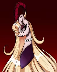 Size: 1080x1350 | Tagged: safe, alternate version, artist:tessa_key_, derpibooru import, ponified, pony, bedroom eyes, bust, clothes, colored, eyelashes, female, gradient background, hazbin hotel, horns, image, jewelry, jpeg, lilith magne, lipstick, mare, necklace, pearl necklace, smiling, solo