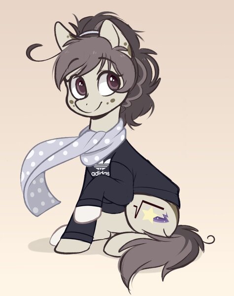 Size: 757x957 | Tagged: safe, artist:higgly-chan, derpibooru import, oc, oc:polka dot, unofficial characters only, earth pony, pony, adidas, clothes, image, jpeg, raised hoof, scarf, shirt, smiling, solo