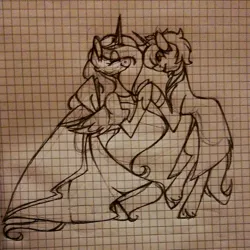 Size: 1080x1080 | Tagged: safe, artist:tessa_key_, derpibooru import, oc, unofficial characters only, alicorn, pony, unicorn, alicorn oc, bipedal, clothes, dress, eyes closed, graph paper, holding hooves, horn, image, jpeg, lineart, smiling, solo, suit, traditional art, unicorn oc, wings
