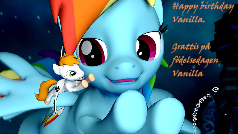 Size: 1280x720 | Tagged: safe, artist:johnnyxluna, derpibooru import, rainbow dash, oc, oc:vanilla beam, earth pony, pegasus, 3d, birthday, canon x oc, flying, image, jpeg, looking at someone, macro, micro, smiling, source filmmaker, swedish