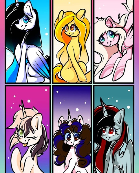 Size: 1080x1350 | Tagged: safe, artist:tessa_key_, derpibooru import, oc, unofficial characters only, alicorn, pegasus, pony, unicorn, six fanarts, :p, alicorn oc, bust, eyelashes, female, horn, image, jpeg, mare, pegasus oc, sitting, smiling, solo, tongue out, unicorn oc, wings, wnk