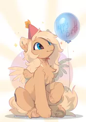 Size: 2480x3508 | Tagged: safe, artist:shuryashish, derpibooru import, oc, oc:mirta whoowlms, unofficial characters only, pegasus, pony, balloon, birthday, chest fluff, confetti, hat, image, jpeg, party hat, smiling, solo, spread wings, underhoof, wings