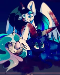 Size: 1080x1350 | Tagged: grimdark, alternate version, artist:tessa_key_, derpibooru import, princess celestia, princess luna, oc, alicorn, pony, alicorn oc, blood, bust, colored, decapitated, ethereal mane, eyelashes, female, galaxy mane, hoof hold, horn, image, insanity, jpeg, knife, mare, one eye closed, smiling, wings, wink