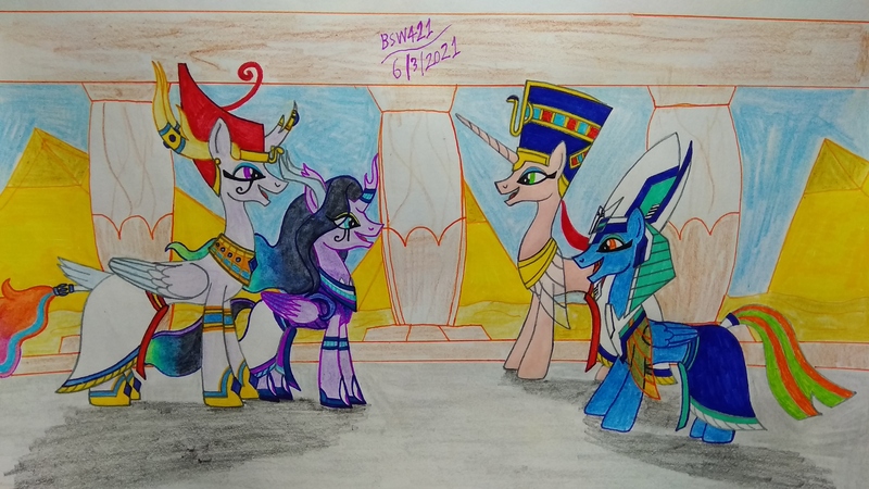 Size: 4160x2340 | Tagged: safe, artist:bsw421, derpibooru import, oc, oc:neferneferuaten nefertiti, oc:scarab, alicorn, changeling, original species, pegasus, pony, armband, brother and sister, clothes, egyptian, egyptian headdress, egyptian pony, female, height difference, image, jewelry, jpeg, makeup, male, mare, necklace, nefertiti, pharaoh, princess, queen, shoes, siblings, skirt, stallion, temple