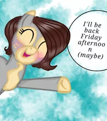 Size: 802x903 | Tagged: safe, artist:cocolove2176, derpibooru import, oc, unofficial characters only, earth pony, pony, abstract background, bust, earth pony oc, eyelashes, eyes closed, female, freckles, image, mare, open mouth, png, raised hoof, smiling, solo, talking, underhoof