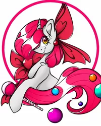 Size: 1080x1350 | Tagged: safe, artist:tessa_key_, derpibooru import, oc, unofficial characters only, pony, unicorn, bow, bust, candy, ear fluff, food, hair bow, hair over one eye, horn, image, jpeg, lollipop, smiling, solo, unicorn oc