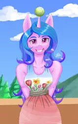 Size: 1200x1900 | Tagged: safe, artist:zachc, derpibooru import, izzy moonbow, anthro, unicorn, ball, clothes, cloud, dress, female, g5, image, izzy's tennis ball, looking at you, png, sky, smiling, solo, tennis ball