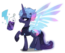 Size: 2000x1632 | Tagged: safe, artist:gihhbloonde, derpibooru import, oc, pony, unicorn, artificial wings, augmented, female, image, magic, magic wings, magical lesbian spawn, mare, offspring, parent:rainbow dash, parent:tempest shadow, parents:tempestdash, png, simple background, solo, transparent background, wings