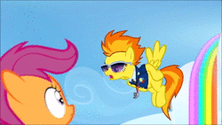 Size: 854x480 | Tagged: safe, derpibooru import, edit, sound edit, rainbow dash, scootaloo, spitfire, the washouts (episode), animated, clothes, full body wing and hoof cast drinking through a straw, image, michael rosen, shaking, sunglasses, uberduck.ai, webm