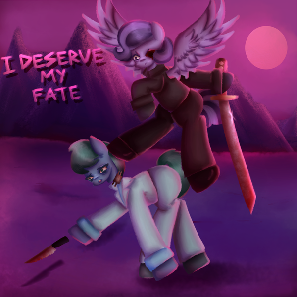 Size: 3000x3000 | Tagged: grimdark, artist:menalia, derpibooru import, oc, oc:shiru, unnamed oc, unofficial characters only, earth pony, pegasus, aesthetics, angry, blood, clothes, empty eye socket, flying, gloves, hotline miami, image, katana, knife, mafia, mountain, pants, png, scared, shirt, shoes, suit, sun, sword, text, weapon, wings