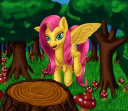 Size: 1280x1112 | Tagged: safe, artist:n64wolf, derpibooru import, fluttershy, pegasus, pony, cute, female, forest, image, mare, mushroom, png, shyabetes, solo, tree, tree stump