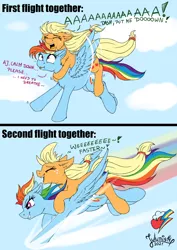 Size: 2894x4093 | Tagged: safe, artist:julunis14, derpibooru import, applejack, rainbow dash, earth pony, pegasus, pony, 2 panel comic, appledash, comic, cute, female, flight, flying, image, lesbian, png, shipping