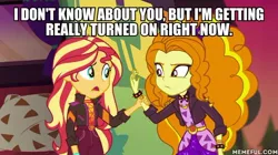 Size: 600x337 | Tagged: safe, derpibooru import, edit, edited screencap, screencap, adagio dazzle, sunset shimmer, equestria girls, equestria girls series, sunset's backstage pass!, spoiler:eqg series (season 2), caption, image, image macro, implied lesbian, implied shipping, implied sunsagio, jpeg, text