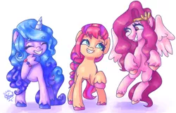 Size: 2950x1900 | Tagged: safe, artist:mannybcadavera, derpibooru import, izzy moonbow, pipp, sunny starscout, earth pony, pegasus, pony, unicorn, bracelet, braid, eyes closed, female, g5, image, jewelry, looking at each other, mare, png, raised hoof, signature, simple background, smiling, spread wings, trio, unshorn fetlocks, white background, wings