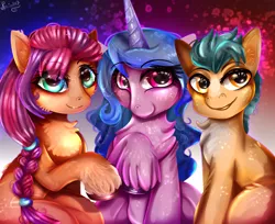 Size: 1600x1304 | Tagged: safe, artist:rocioam7, derpibooru import, hitch trailblazer, izzy moonbow, sunny starscout, earth pony, pony, unicorn, abstract background, braid, cheek fluff, chest fluff, ear fluff, eyelashes, female, g5, image, jpeg, looking at you, male, mare, raised hoof, signature, sitting, smiling, stallion, unshorn fetlocks