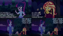 Size: 1280x720 | Tagged: safe, derpibooru import, edit, edited screencap, editor:quoterific, screencap, applejack, fluttershy, rainbow dash, rarity, sci-twi, sunset shimmer, twilight sparkle, equestria girls, equestria girls series, sunset's backstage pass!, spoiler:eqg series (season 2), clothes, eyes closed, glasses, hand on hip, image, music festival outfit, night, pajamas, png, ponytail, shoes, sleeping, tree