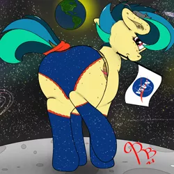 Size: 4096x4096 | Tagged: suggestive, artist:redbean, derpibooru import, oc, oc:apogee, butt, clothes, earth, flag, image, moon, nasa, panties, png, socks, space, tail wrap, underwear