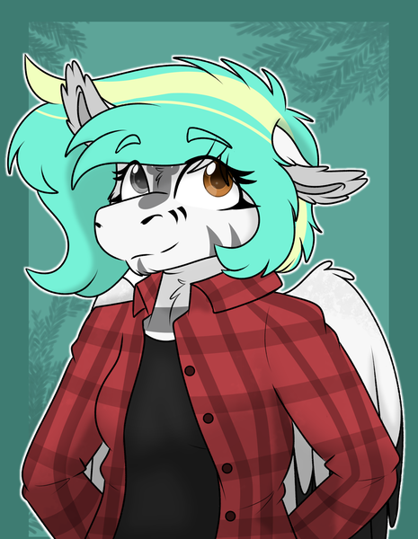 Size: 1152x1488 | Tagged: safe, artist:rokosmith26, derpibooru import, oc, oc:rokosmith, unofficial characters only, anthro, buttons, clothes, female, flannel, floppy ears, heterochromia, image, looking up, markings, png, simple background, smiling, solo, standing, wings