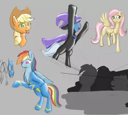 Size: 1501x1357 | Tagged: suggestive, artist:barhandar, applejack, fluttershy, pinkie pie, rainbow dash, trixie, earth pony, latex pony, original species, pegasus, pony, rubber pony, unicorn, applejack's hat, bipedal, clothes, cowboy hat, eyes closed, female, fluttershy suit, gray background, hat, image, latex, latex clothes, latex skin, latex suit, looking at you, mare, mask, masking, png, ponysuit, rubber, simple background, stage, tongue out, uniform, wonderbolts uniform