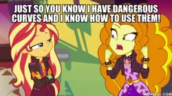 Size: 600x337 | Tagged: safe, derpibooru import, edit, edited screencap, screencap, adagio dazzle, sunset shimmer, equestria girls, equestria girls series, sunset's backstage pass!, spoiler:eqg series (season 2), caption, image, image macro, jpeg, text