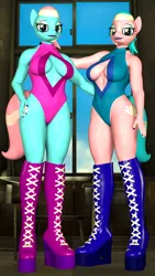 Size: 2160x3840 | Tagged: suggestive, artist:kevhon, derpibooru import, aloe, lotus blossom, anthro, plantigrade anthro, pony, 3d, boots, breasts, busty aloe, busty lotus blossom, clothes, duo, duo female, female, hand on hip, high heel boots, image, lipstick, looking at you, nail polish, one-piece swimsuit, png, reasonably sized breasts, shoes, sky, source filmmaker, spa twins, swimsuit, window