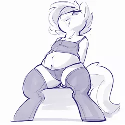 Size: 2000x2000 | Tagged: suggestive, artist:dimfann, derpibooru import, oc, unofficial characters only, earth pony, pony, semi-anthro, ass, belly, butt, clothes, image, jpeg, lidded eyes, midriff, panties, pubic fluff, sketch, smiling, socks, stockings, tanktop, thigh highs, underwear