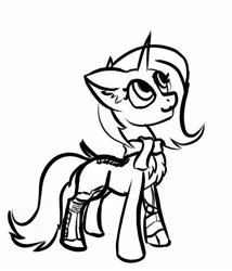 Size: 1581x1845 | Tagged: safe, artist:korenav, oc, unofficial characters only, pony, unicorn, augmented, black and white, chest fluff, clothes, ear fluff, female, grayscale, horn, image, jpeg, mare, monochrome, scarf, sketch, solo, unicorn oc