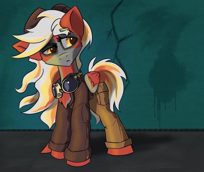 Size: 3260x2750 | Tagged: safe, artist:korenav, oc, oc:ember, unofficial characters only, pegasus, pony, cargo pants, chest fluff, clothes, coat markings, female, goggles, hat, image, jpeg, mare, pants, pegasus oc, solo, wings