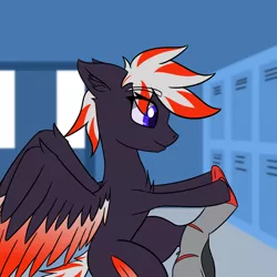 Size: 1280x1280 | Tagged: safe, artist:askavrobishop, derpibooru import, oc, oc:bishop, pegasus, comic:askavrobishop, airfield, clothes, flight suit, goggles, image, locker room, lockers, png, wings