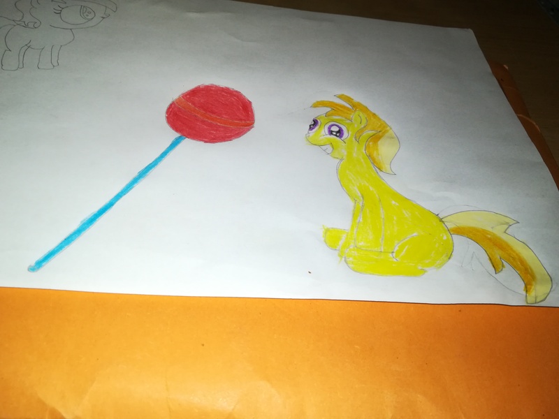 Size: 3968x2976 | Tagged: safe, artist:cmc--scootaloo, derpibooru import, noi, earth pony, pony, adorable face, atg 2018, candy, colored pencil drawing, cute, female, filly, food, giantess, grin, image, jpeg, lollipop, macro, newbie artist training grounds, no eyelashes, noiabetes, sitting, smiling, traditional art